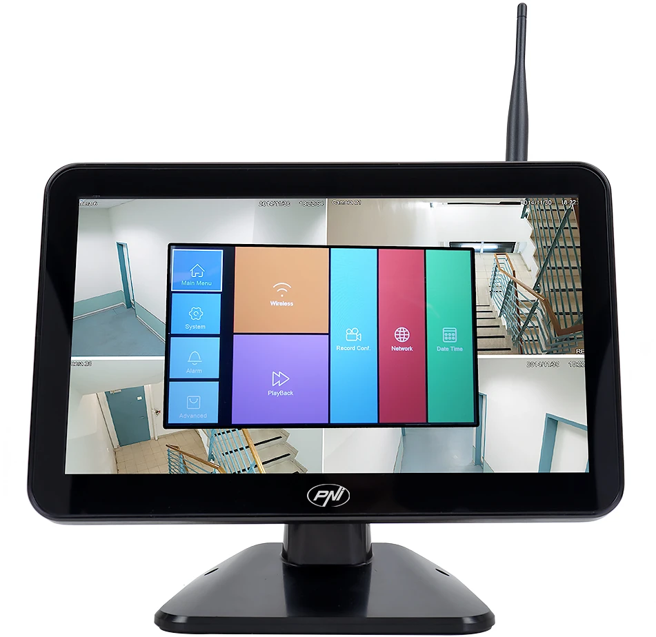 Vaizdo stebėjimo rinkinys PNI House WiFi650 – 4 Full HD „Wi-Fi“ P2P kameros ir 12 colių LCD monitorius