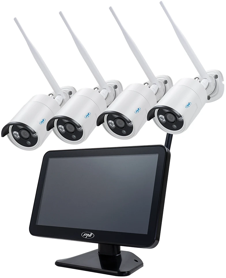 Vaizdo stebėjimo rinkinys PNI House WiFi650 – 4 Full HD „Wi-Fi“ P2P kameros ir 12 colių LCD monitorius