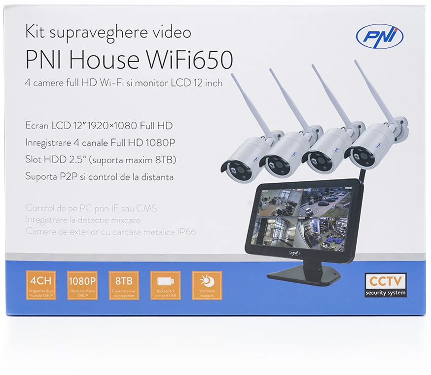 Vaizdo stebėjimo rinkinys PNI House WiFi650 – 4 Full HD „Wi-Fi“ P2P kameros ir 12 colių LCD monitorius