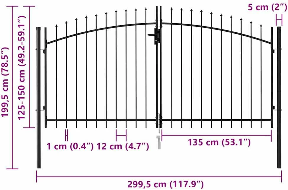 Vartai su smailiais viršugaliais, juodi, 3x1,5m, plienas