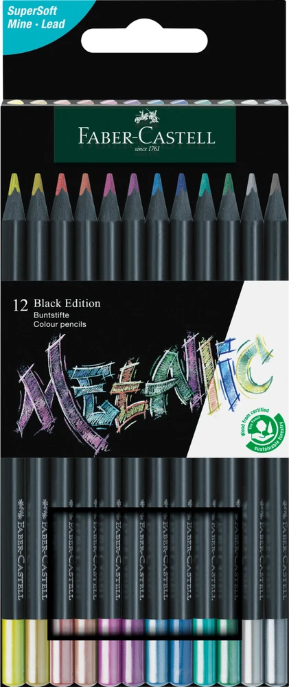 Spalvoti pieštukai Faber-Castell Juodas Edition, 12 metalinių spalvų