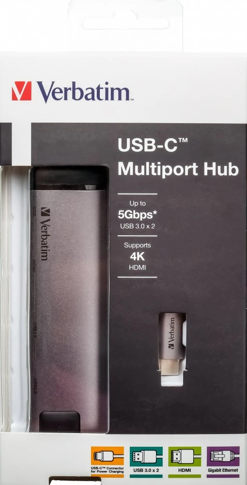 Verbatim 49141 sąsajos šakotuvas USB 3.2 Gen 1 (3.1 Gen 1) Type-C 1000 Mbit/ai Juoda, Sidabras
