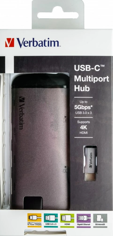 Verbatim 49142 sąsajos šakotuvas USB 3.2 Gen 1 (3.1 Gen 1) Type-C 1000 Mbit/ai Juoda, Sidabras