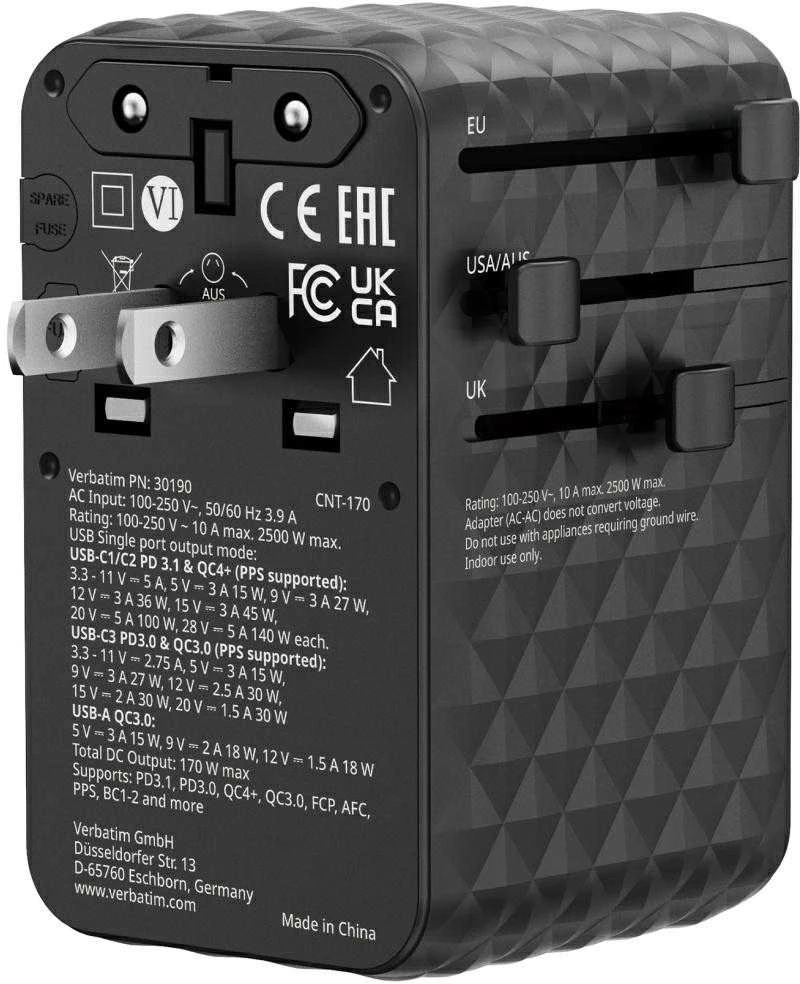 Verbatim Adapteris kelioninis EU/UK/US GaN 2xUSB-A/3xUSB-C PD 170W juodos spalvos 30190