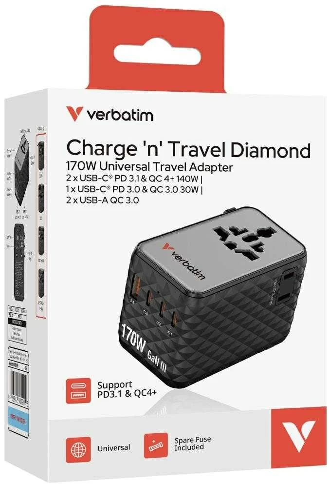 Verbatim Adapteris kelioninis EU/UK/US GaN 2xUSB-A/3xUSB-C PD 170W juodos spalvos 30190