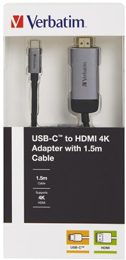 Verbatim 49144 vaizdo kabelio adapteris 1,5 m C tipo USB HDMI Juoda, Sidabras