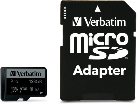 Verbatim 47044 Pro U3 Micro SDXC Atminties kortelė 128GB + Micro SD į SD Adapteris