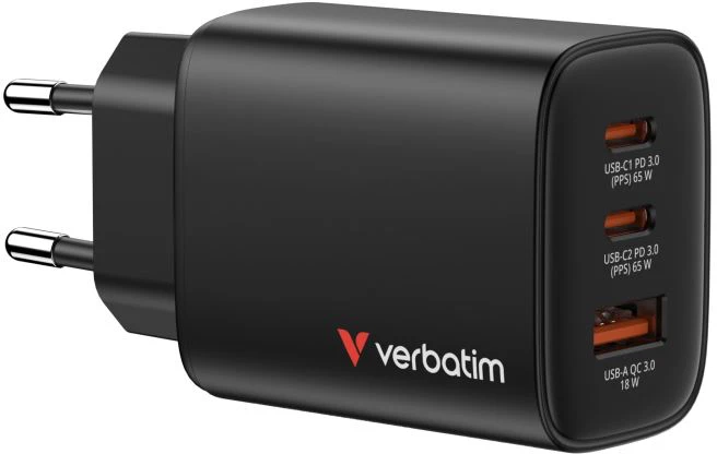 Verbatim GaN Travel Charger Essentials 65W, 2×USB-C PD, 1×USB-A QC, EU Plug, Juodas