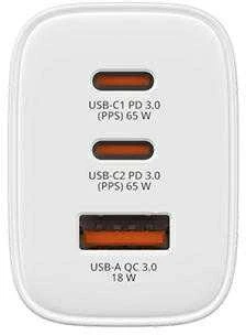 Verbatim GaN Travel Charger Essentials 65W, 2×USB-C PD, 1×USB-A QC, EU Plug, Baltas