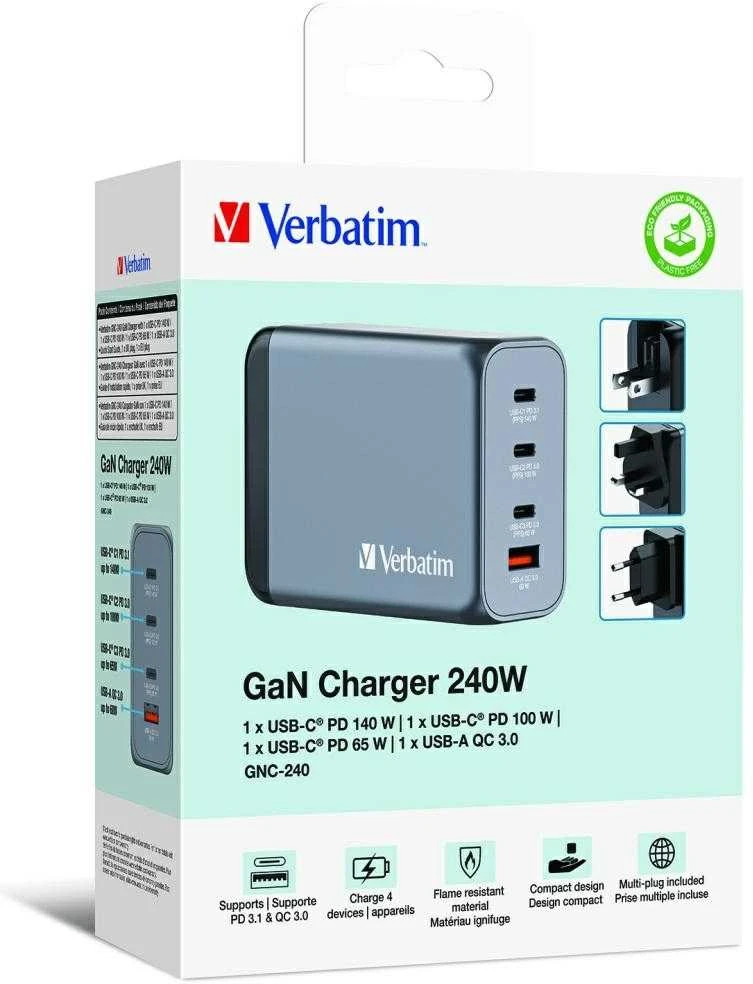 VERBATIM įkroviklis GNC-240 GaN su 4 prievadų 240 W USB oro kondicionieriumi ES / JK / JAV