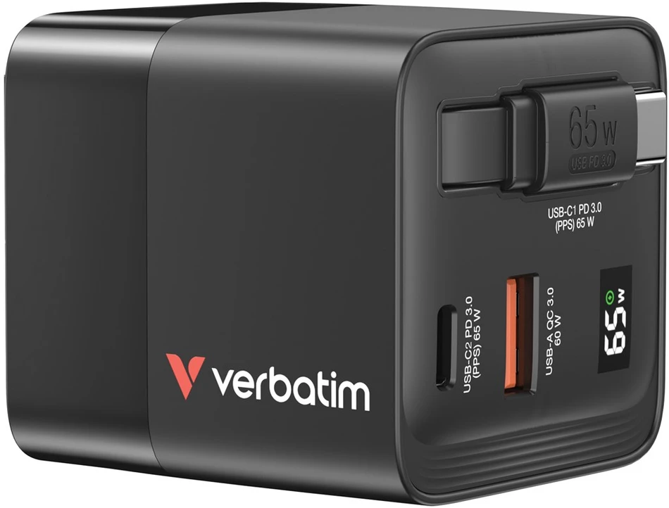 Verbatim GaN Charger 65W Universalus Juoda AC Spartusis įkrovimas Vidaus