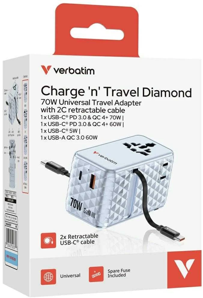 Verbatim kelioninis įkroviklis EU/UK/US GaN 1xUSB-C/1xUSB-A/2xUSB-C PD 70W mėlynos spalvos 30187