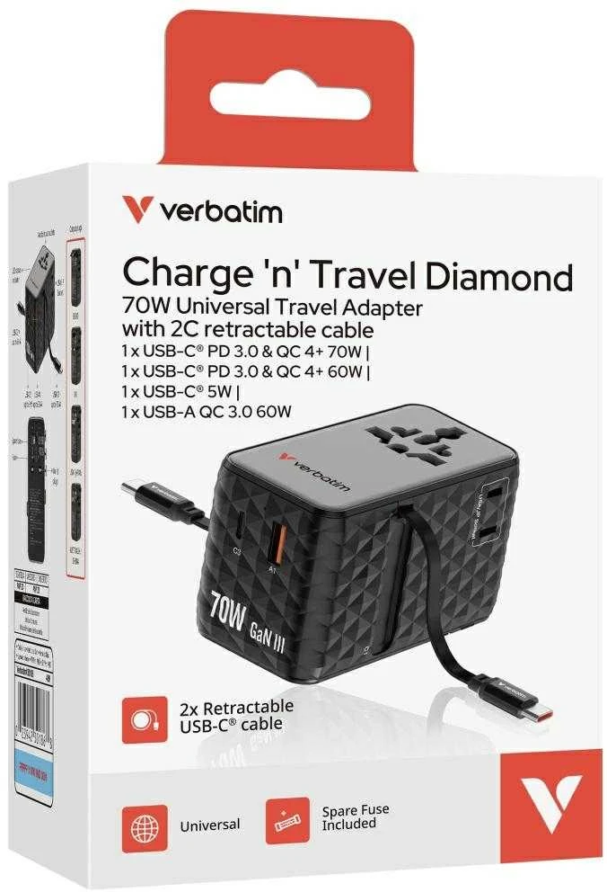 Verbatim kelioninis įkroviklis EU/UK/US GaN 1xUSB-C/1xUSB-A/2xUSB-C PD 70W juodos spalvos 30186