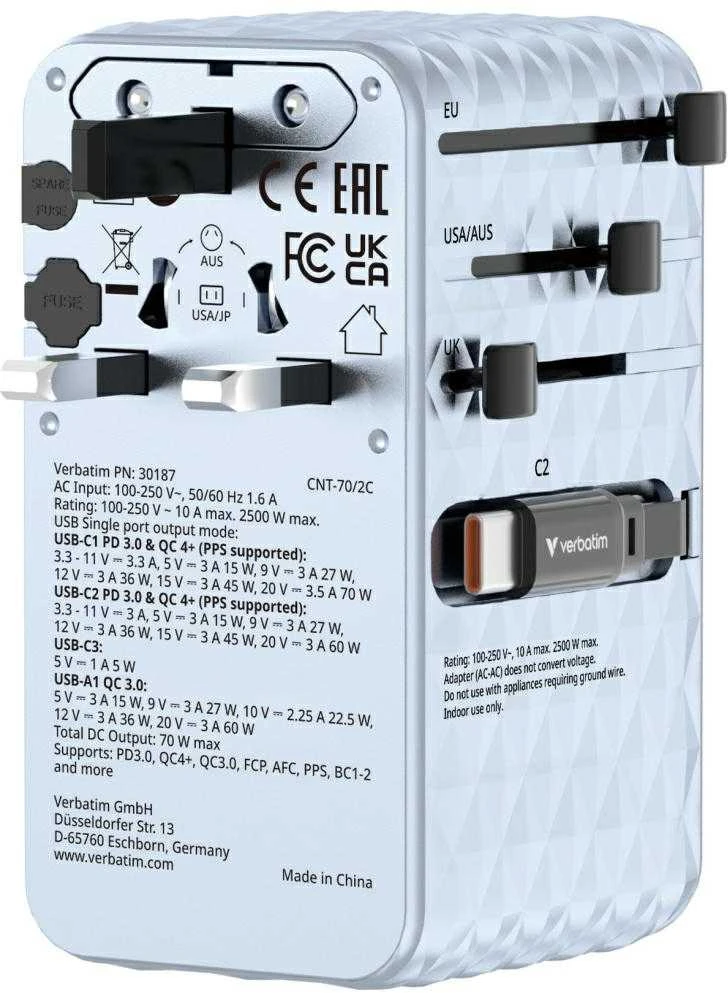 Verbatim kelioninis įkroviklis EU/UK/US GaN 1xUSB-C/1xUSB-A/2xUSB-C PD 70W mėlynos spalvos 30187