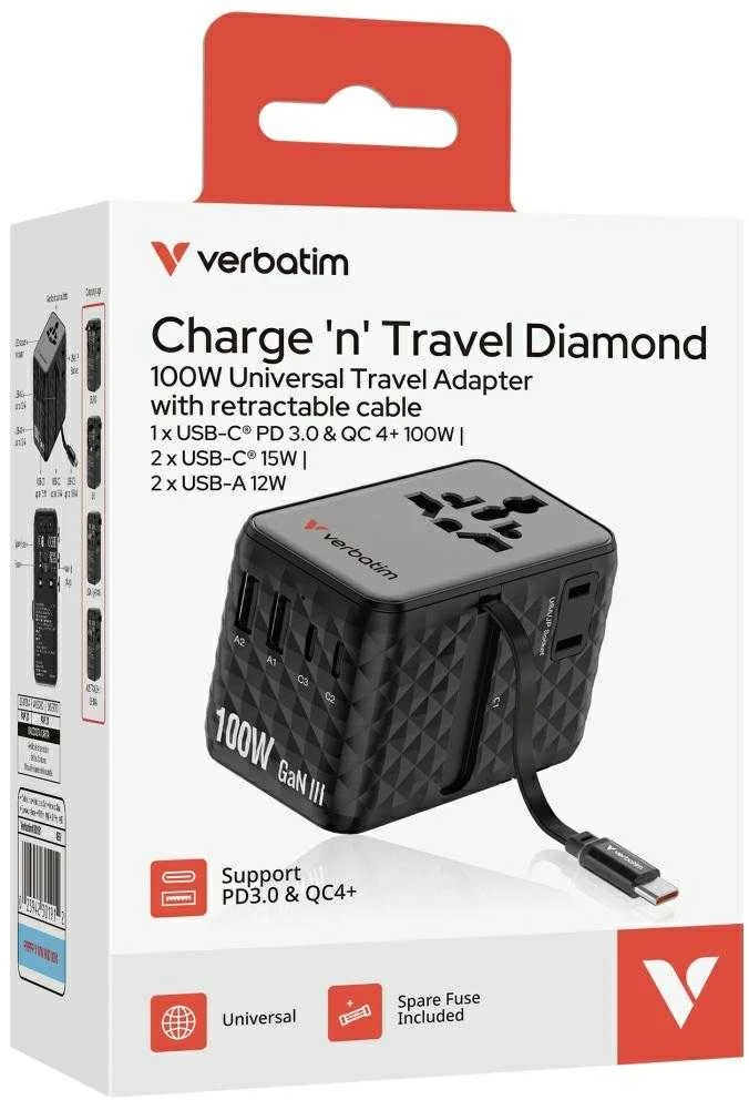 Verbatim kelioninis įkroviklis EU/UK/US GaN 2xUSB-C/2xUSB-A/1xUSB-C PD 100W juodos spalvos 30191
