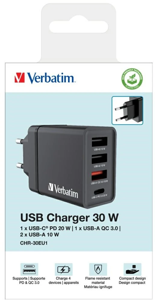 Verbatim 30W Laidinis įkroviklis 3xUSB-A/USB-C PD 3.0 CHR-30EU2 juodos spalvos 49700