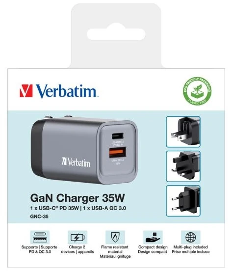 Verbatim GaN 35W Laidinis įkroviklis USB-C/USB-A + EU/UK/US Adapteris GNC-35 32200