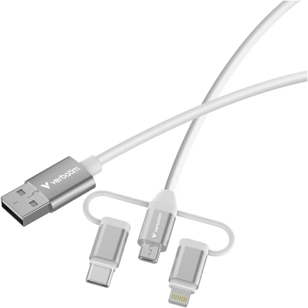 „Verbatim Sync“ įkrovimo jungtis, USB-A į „Micro-B“, USB-C, „Lightning“ jungtis, 18 W, baltas 32394