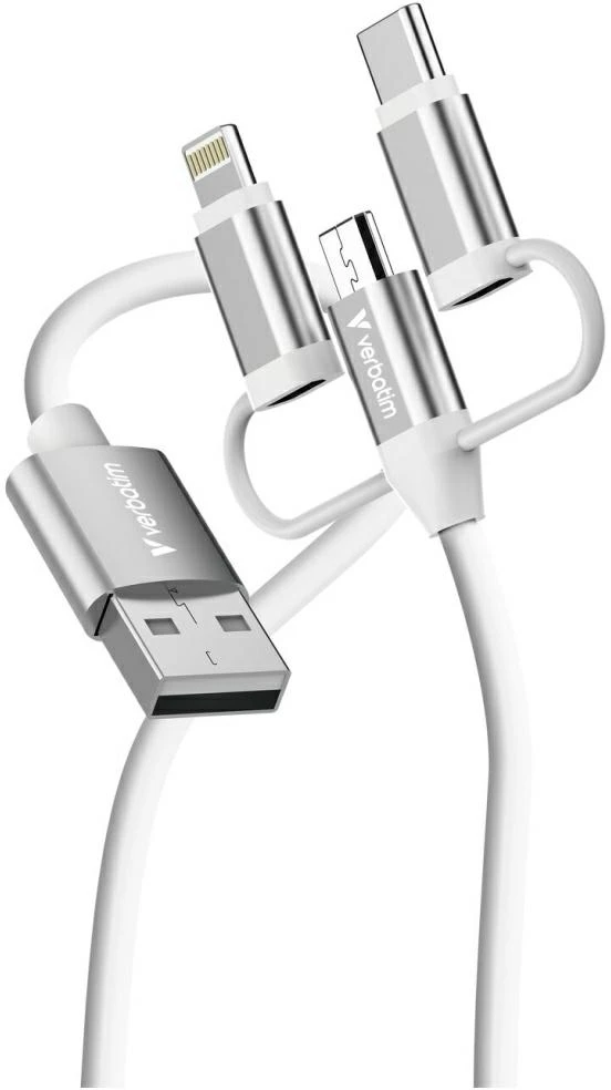 „Verbatim Sync“ įkrovimo jungtis, USB-A į „Micro-B“, USB-C, „Lightning“ jungtis, 18 W, baltas 32394