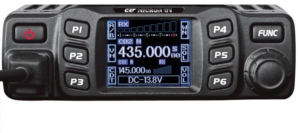 VHF / UHF CRT MICRON UV dviejų dažnių radijo stotelė 136-174 MHz – 400-470 MHz, 13.8 Vdc, DTMF, dvigubas budėjimo režimas (Dual Watch), TOT, nuskaitymas (Scan), Talk Around