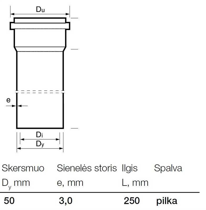 Vidaus kanalizacijos PVC vamzdis Wavin, Ø 50 mm, 0,25 m