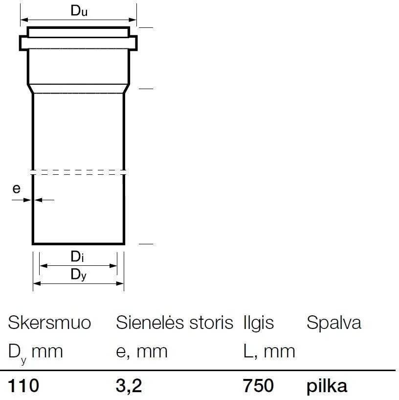 Vidaus kanalizacijos PVC vamzdis Wavin, Ø 110 mm, 0,75 m