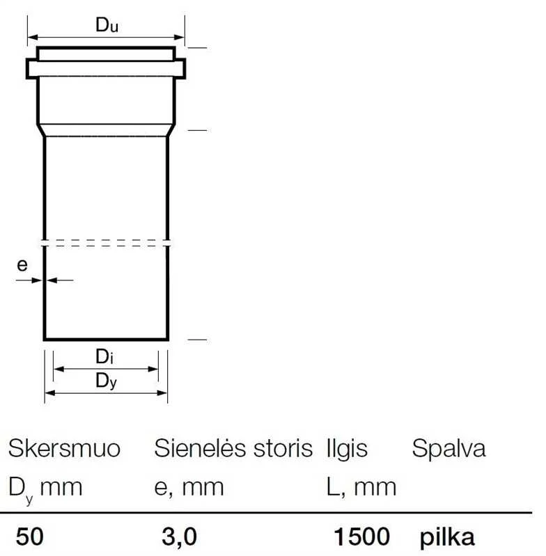 Vidaus kanalizacijos PVC vamzdis Wavin, Ø 50 mm, 1,5 m