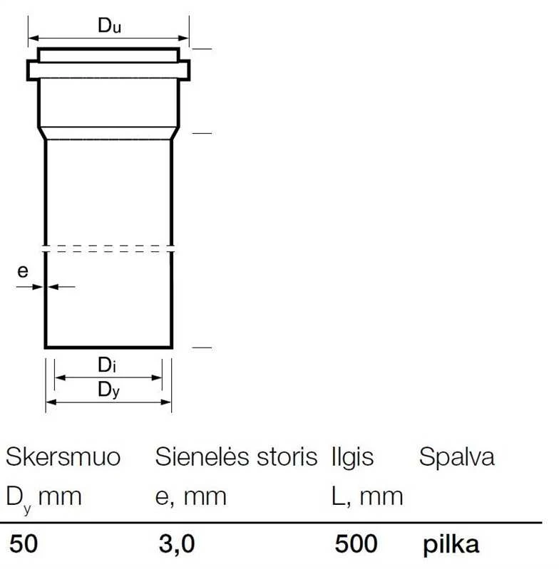 Vidaus kanalizacijos PVC vamzdis Wavin, Ø 50 mm, 0,5 m
