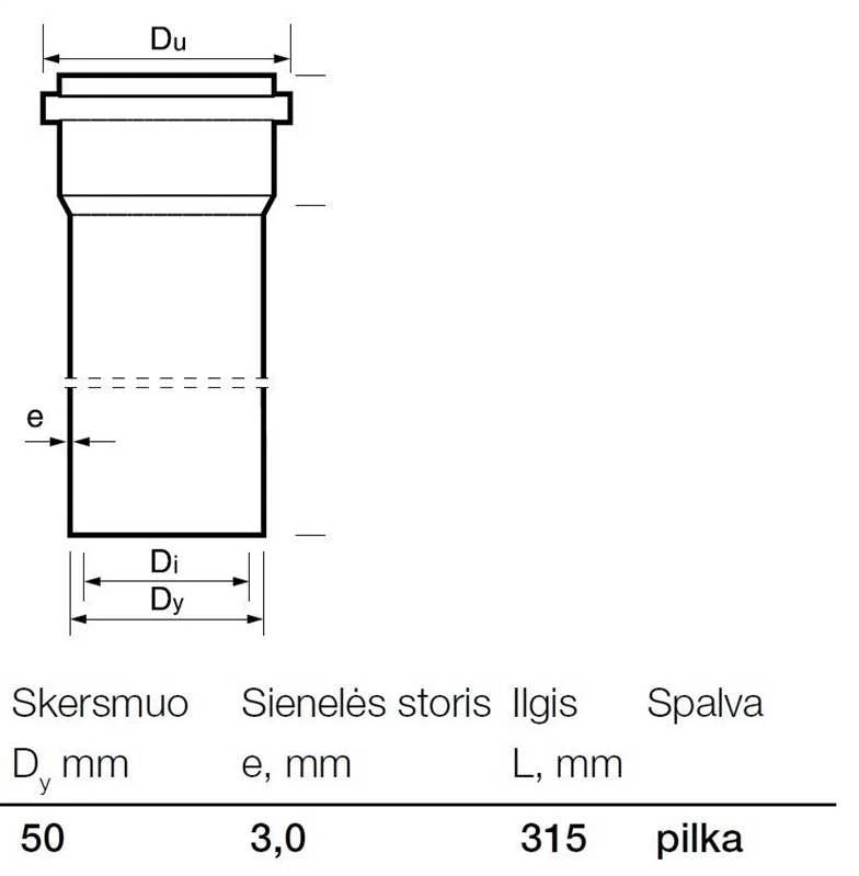 Vidaus kanalizacijos PVC vamzdis Wavin, Ø 50 mm, 0,315 m
