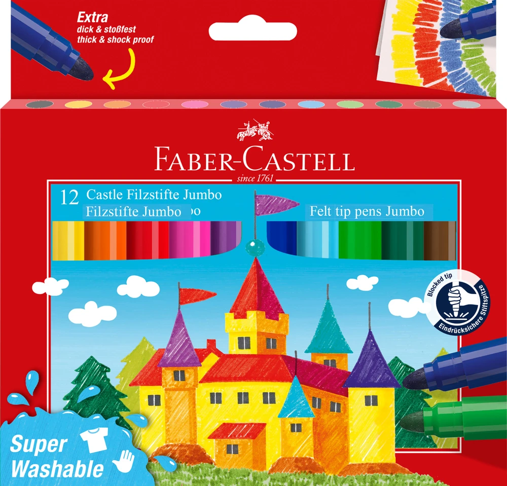 Flomasteriai Faber-Castell Jumbo, 12 spalvų, itin lengvai išplaunami