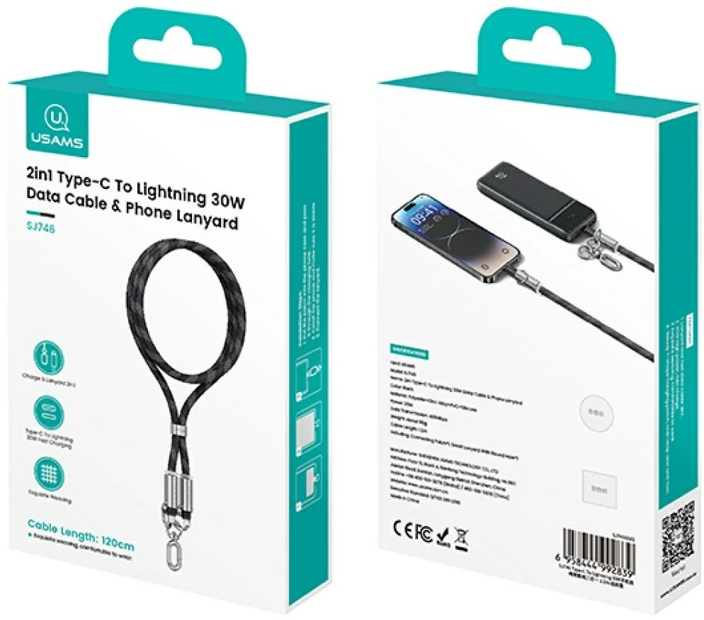 Usams SJ746 30W USB-C į Lightning 1.2m Violetinė Phone Lanyard with Charging Kabelis