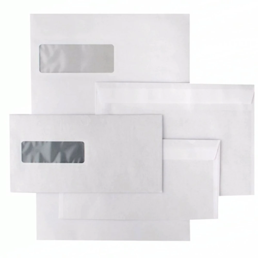 Kuvert Vokai E65, 110x220mm, 75g, su langeliu 30x90mm kairėje pusėje, su nuplėšiama juostele, baltos spalvos, 1000vnt