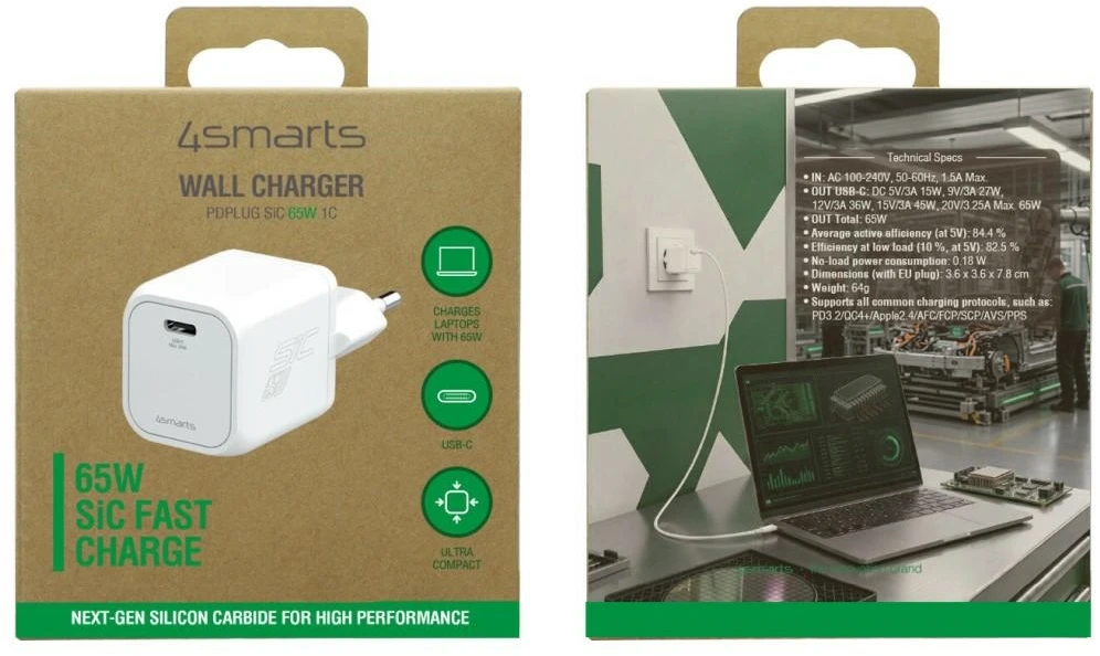 Sieninis įkroviklis 4smarts PDPlug SiC 65W USB-C baltas