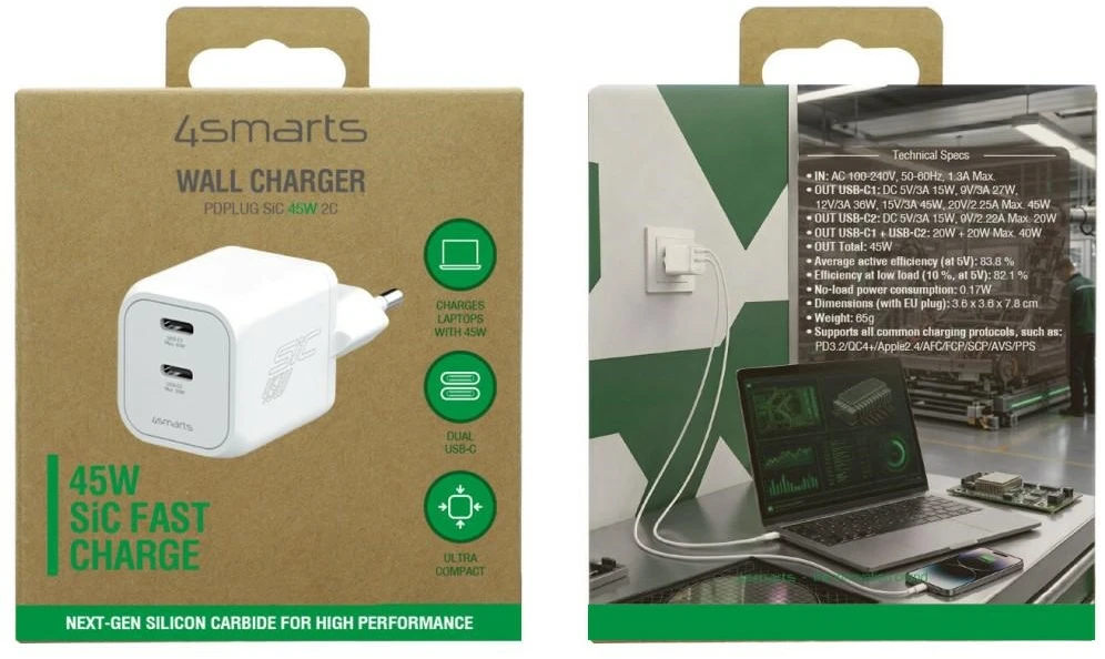Sieninis įkroviklis 4smarts PDPlug SiC Dual 45W 2xUSB-C baltas