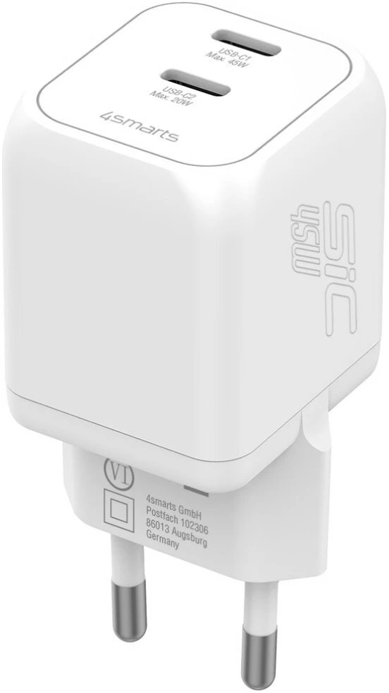 Sieninis įkroviklis 4smarts PDPlug SiC Dual 45W 2xUSB-C baltas