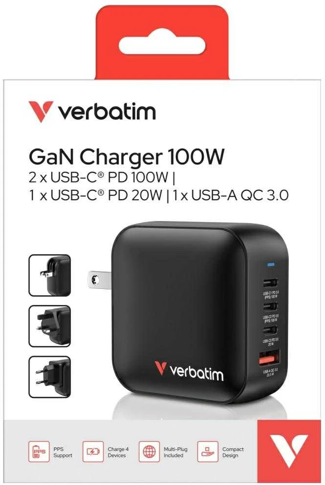 Wall Charger Verbatim Mini GaN 100W 3xUSB-C PD/1x USB-A QC juodas 32231