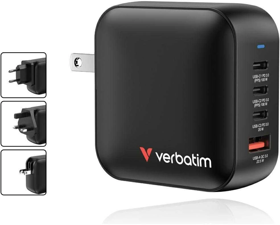 Wall Charger Verbatim Mini GaN 100W 3xUSB-C PD/1x USB-A QC juodas 32231