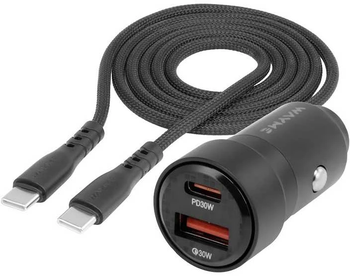 WAYME Automobilinis įkroviklis 12/24V, USB 30W + USB-C PD 30W + USB-C > USB-C 100 cm cable, max 60W