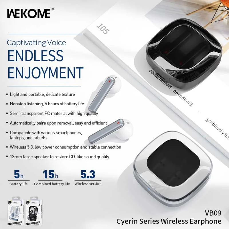 Dėklas WEKOME VB09 Cyerin Series - Bluetooth V5.3 TWS belaidės ausinės su įkrovimo dėklu juodos spalvos