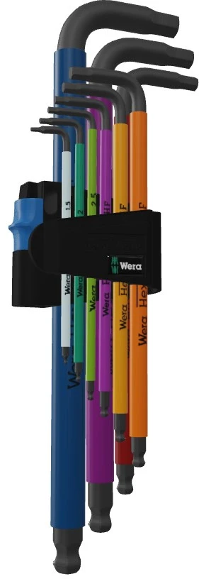 Šešiakampių L-formos raktų komplektas WERA Hex-Plus, 1,5-10 mm, HEX tipo, suapvalintu galu, spalvoti, su prilaikymu, 9 vnt.