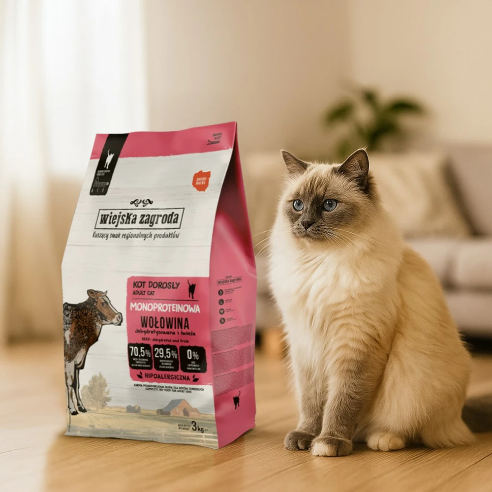 Kačių Maistas - WIEJSKA ZAGRODA Monoproteininis Jautienos Sausas 3kg 43% Baltymų Be Glitimo