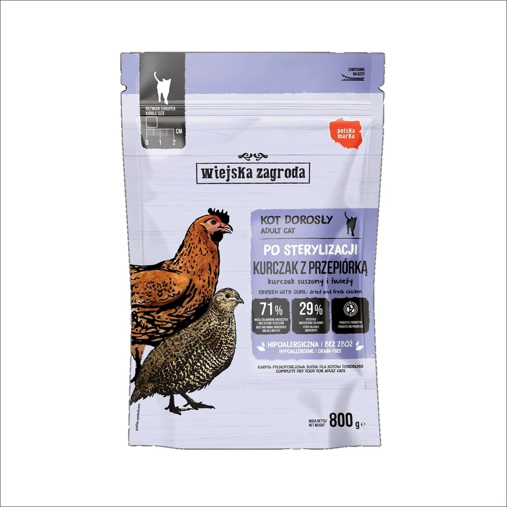 WIEJSKA ZAGRODA Sterilised vištiena with quail – sausas kačių maistas – 800g