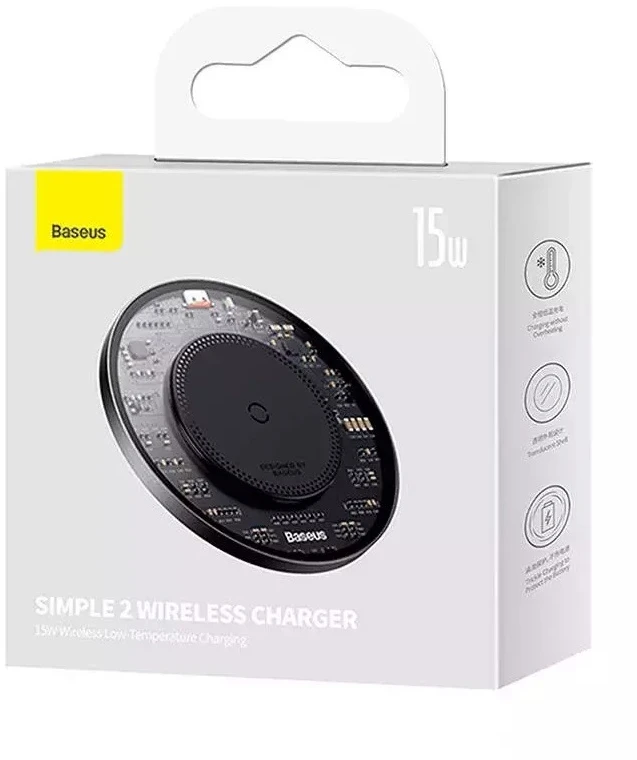 Belaidis Qi indukcinis įkroviklis Baseus Simple 2, 15 W su USB-C į USB-C laidu (juodas)