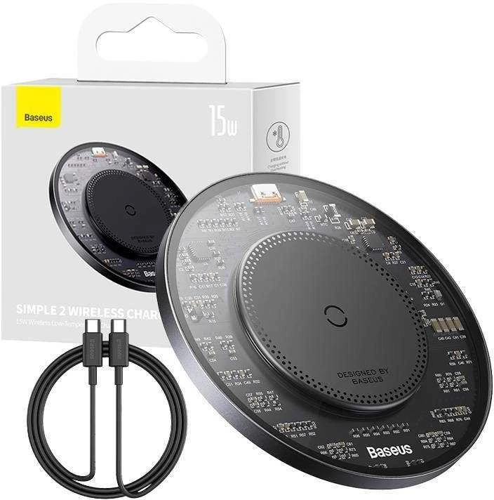 Belaidis Qi indukcinis įkroviklis Baseus Simple 2, 15 W su USB-C į USB-C laidu (juodas)