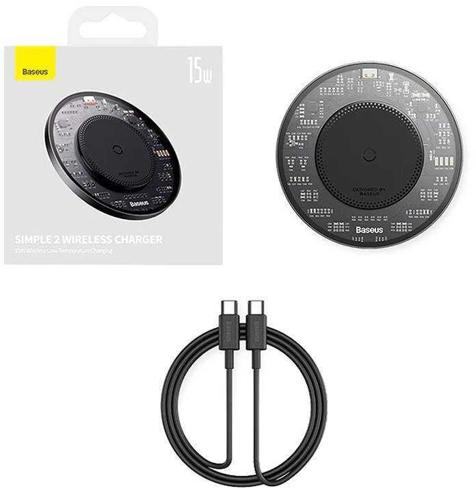 Belaidis Qi indukcinis įkroviklis Baseus Simple 2, 15 W su USB-C į USB-C laidu (juodas)