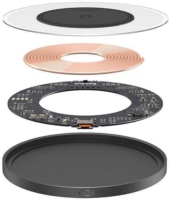 Belaidis Qi indukcinis įkroviklis Baseus Simple 2, 15 W su USB-C į USB-C laidu (juodas)