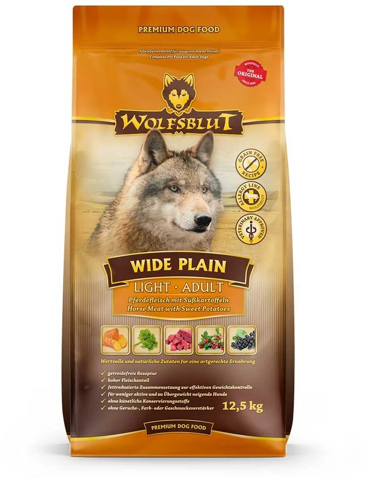 WOLFSBLUT Wide Plain Light Horse with sweet potatoes – sausas Maistas šunims – 12,5kg