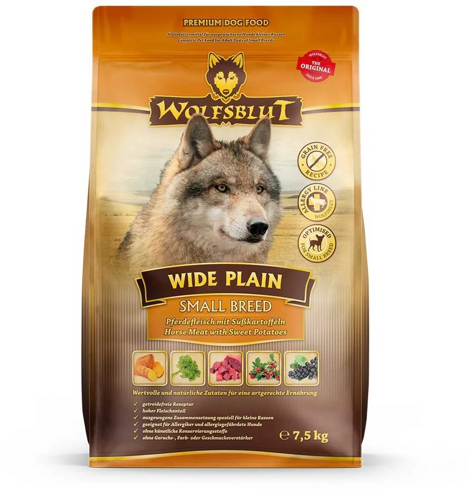 WOLFSBLUT Wide Plain Small breeds Horse with sweet potatoes – sausas Maistas šunims – 7,5kg