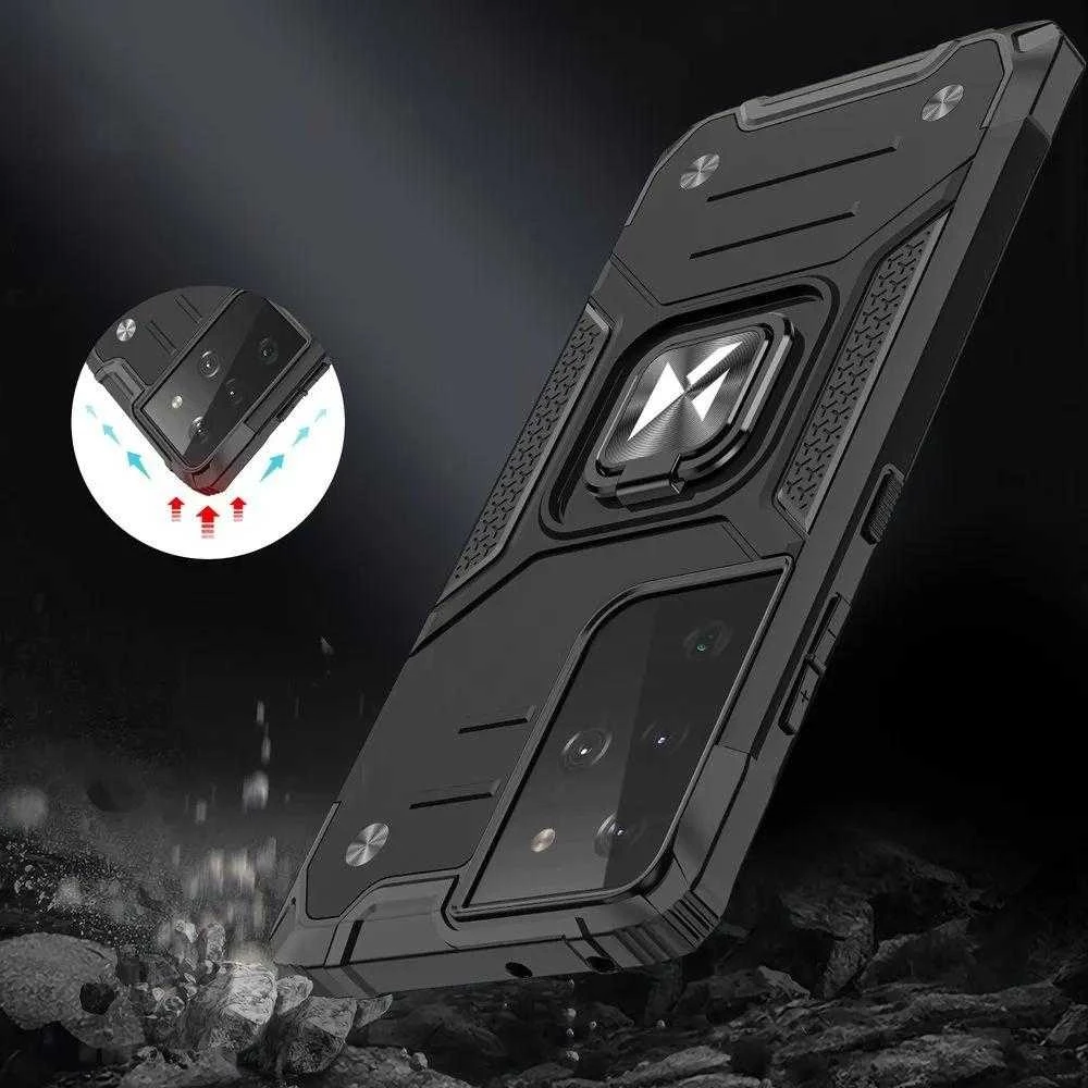 Wozinsky Ring Armor tvirtas hibridinis dėklas + magnetinis laikiklis skirtas Samsung Galaxy S22 Ultra, mėlynas