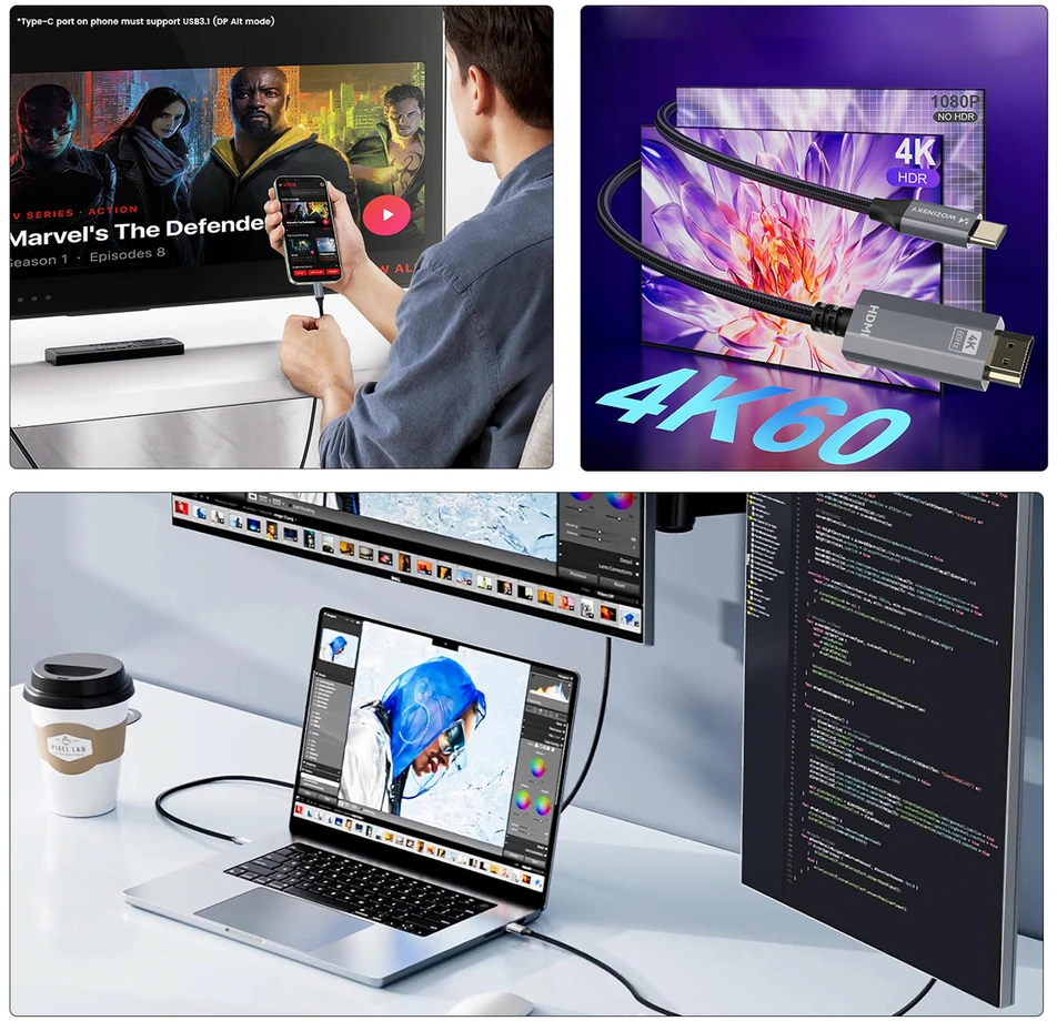 Wozinsky WCCH-01 USB-C - HDMI 4K 60Hz kabelis 1,8 m - juodas